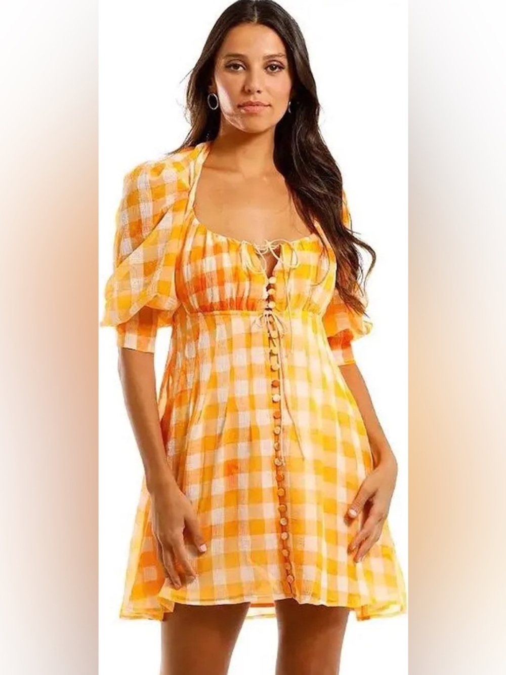 For Love & Lemons Orange Gingham Mimosa Corset Button-Front Mini Dress